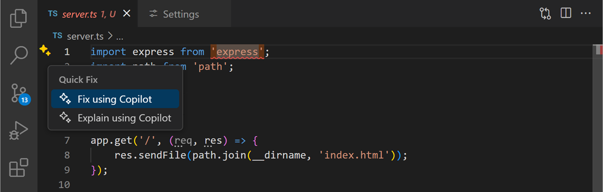 Screenshot of the editor showing the sparkle icon and Copilot context menu to explain or fix the issue.